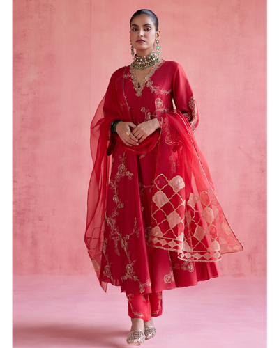 Nazm Anarkali Set - Red