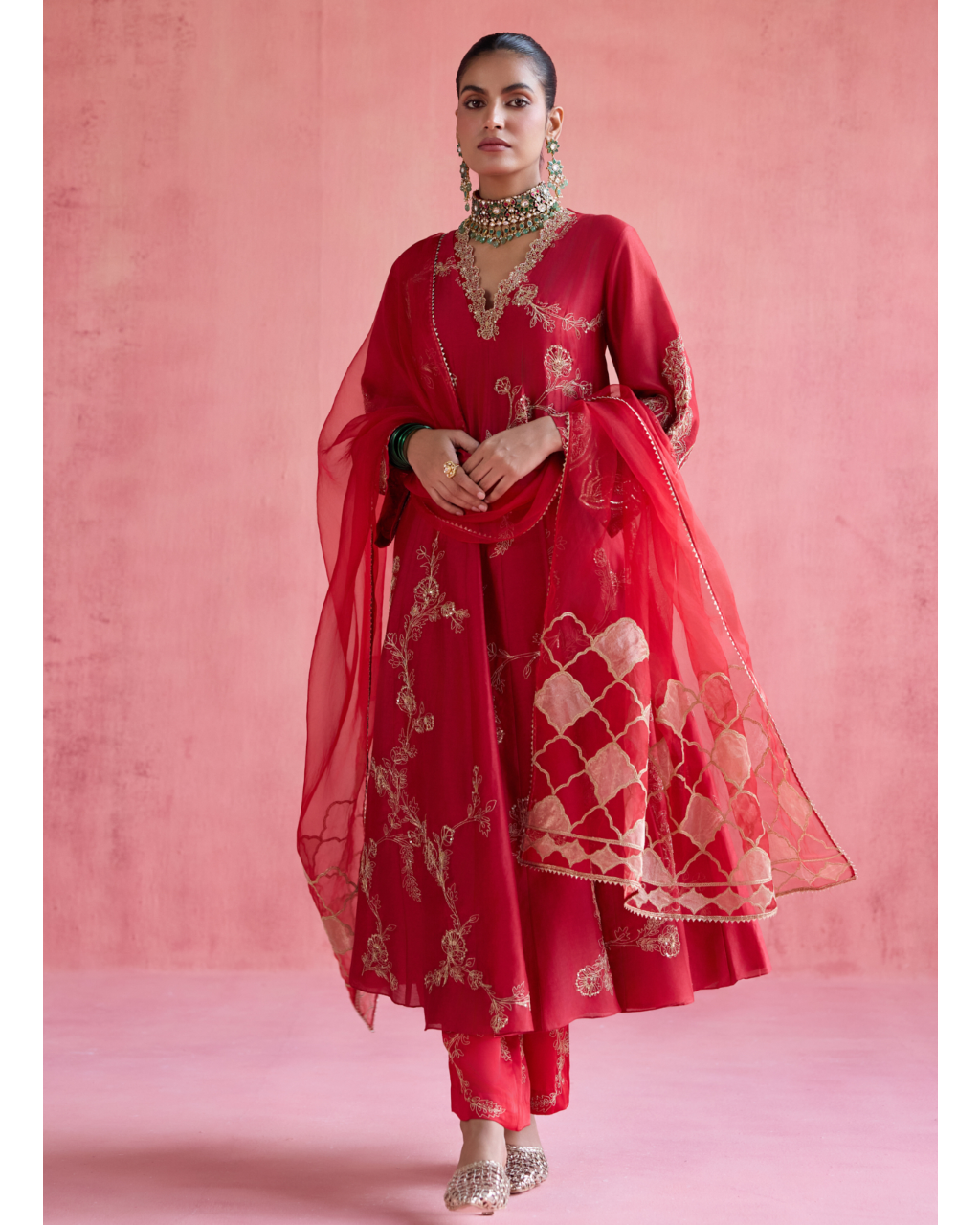 Nazm Anarkali Set - Red