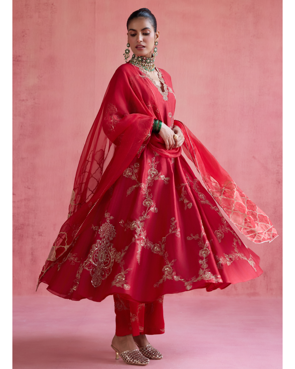Nazm Anarkali Set - Red
