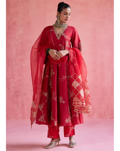 Nazm Anarkali Set - Red