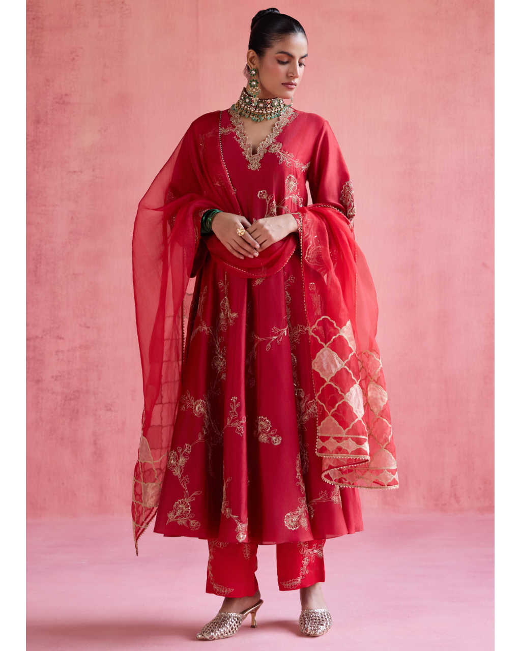 Nazm Anarkali Set - Red