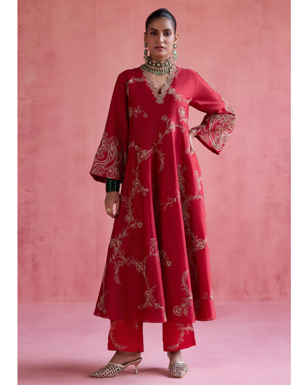 Nazm Anarkali Set - Red