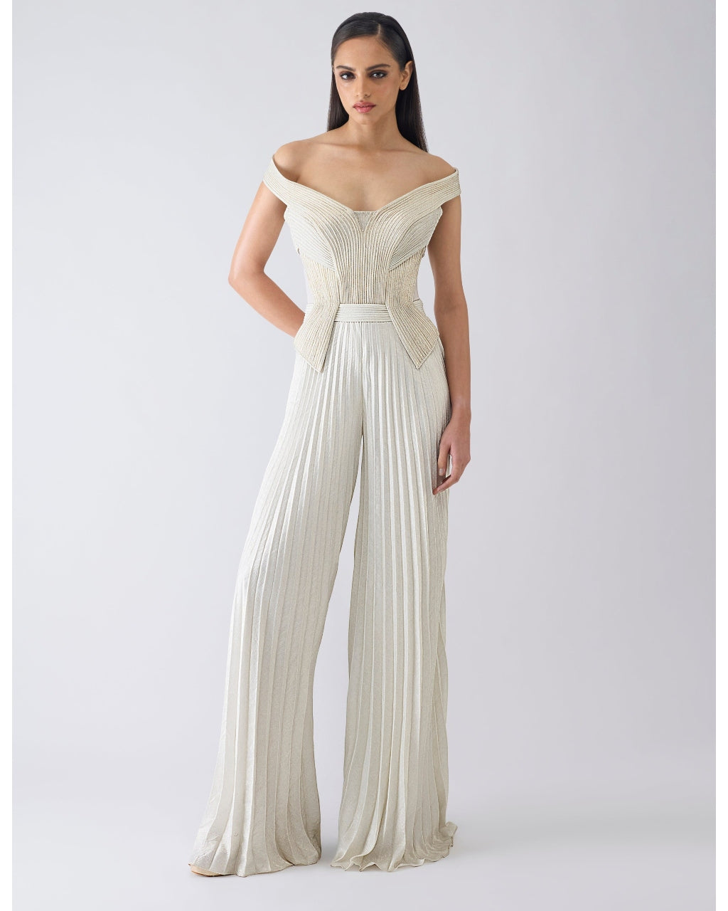 Structured Plisse Ivory Jumpsuit