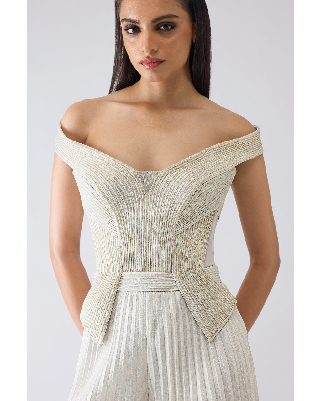 Structured Plisse Ivory Jumpsuit