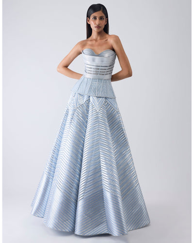 Metallic Structured Blue Corset And Skirt