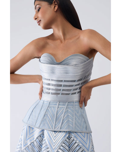 Metallic Structured Blue Corset And Skirt