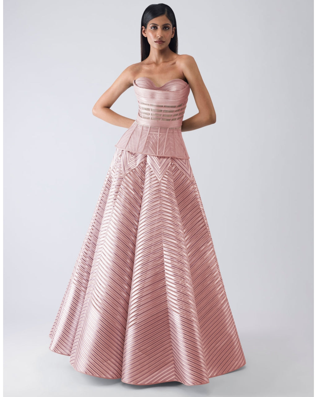 Metallic Structured Pink Corset And Skirt