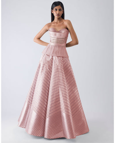 Metallic Structured Pink Corset And Skirt