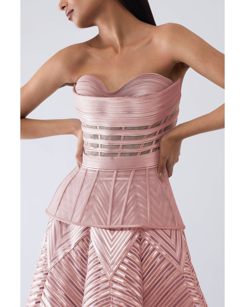 Metallic Structured Pink Corset And Skirt