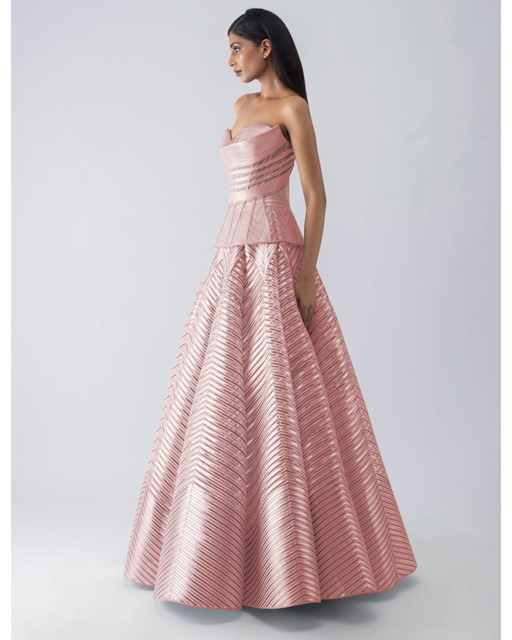 Metallic Structured Pink Corset And Skirt