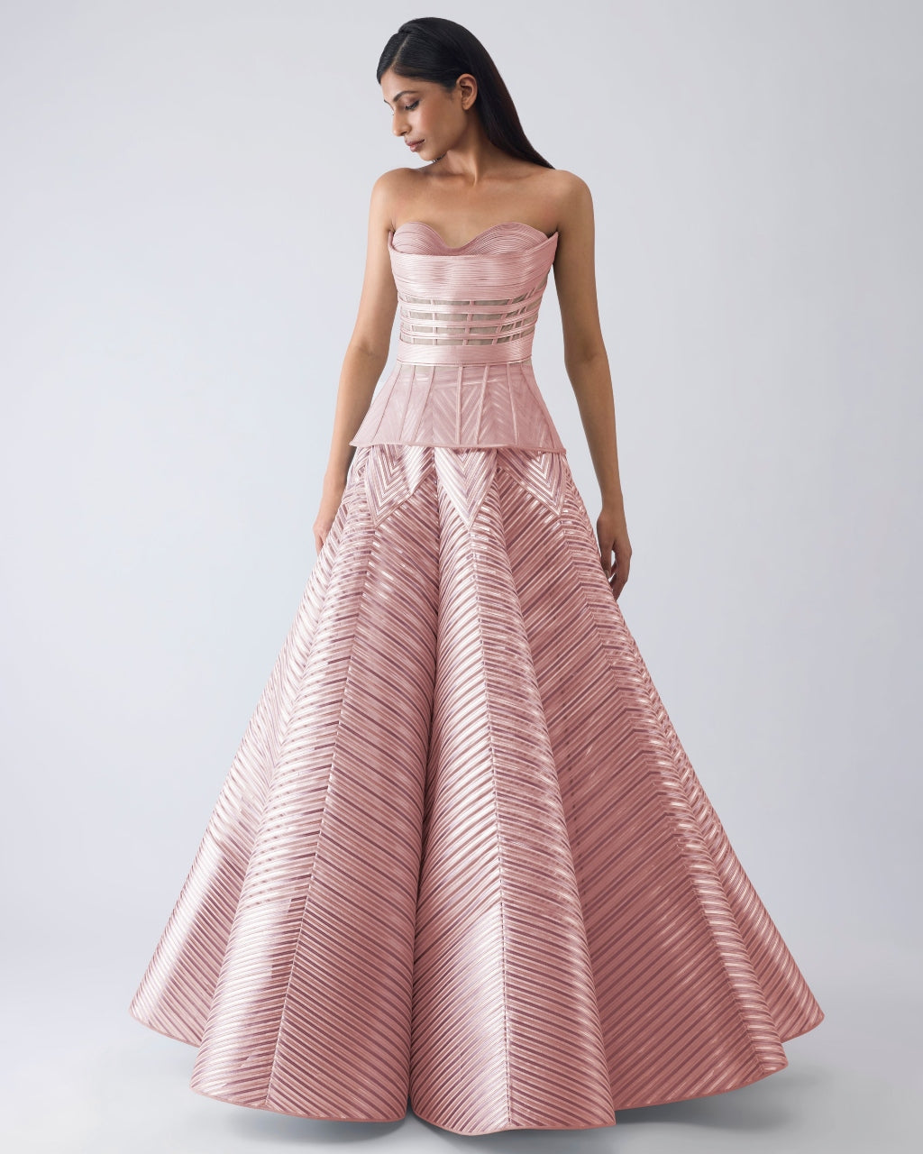 Metallic Structured Pink Corset And Skirt