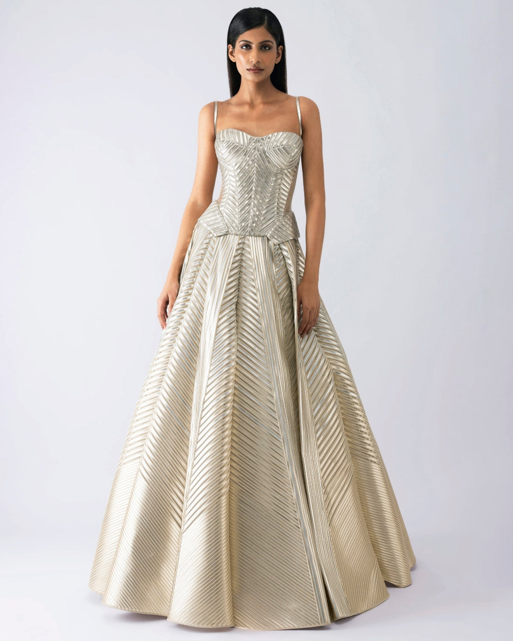 Metallic Structured Beige Corset And Skirt