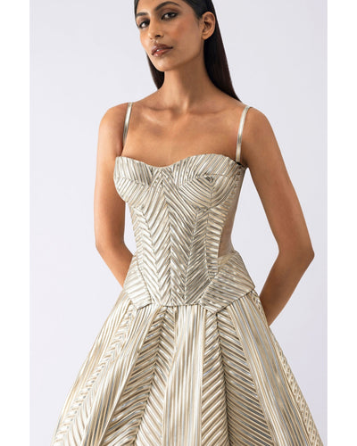 Metallic Structured Beige Corset And Skirt