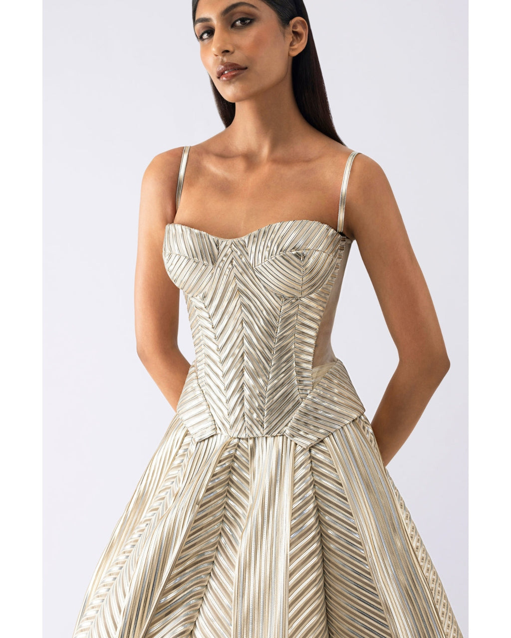 Metallic Structured Beige Corset And Skirt
