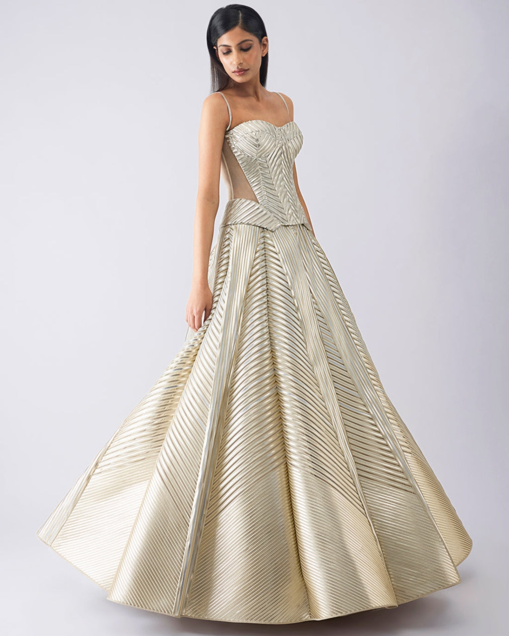 Metallic Structured Beige Corset And Skirt