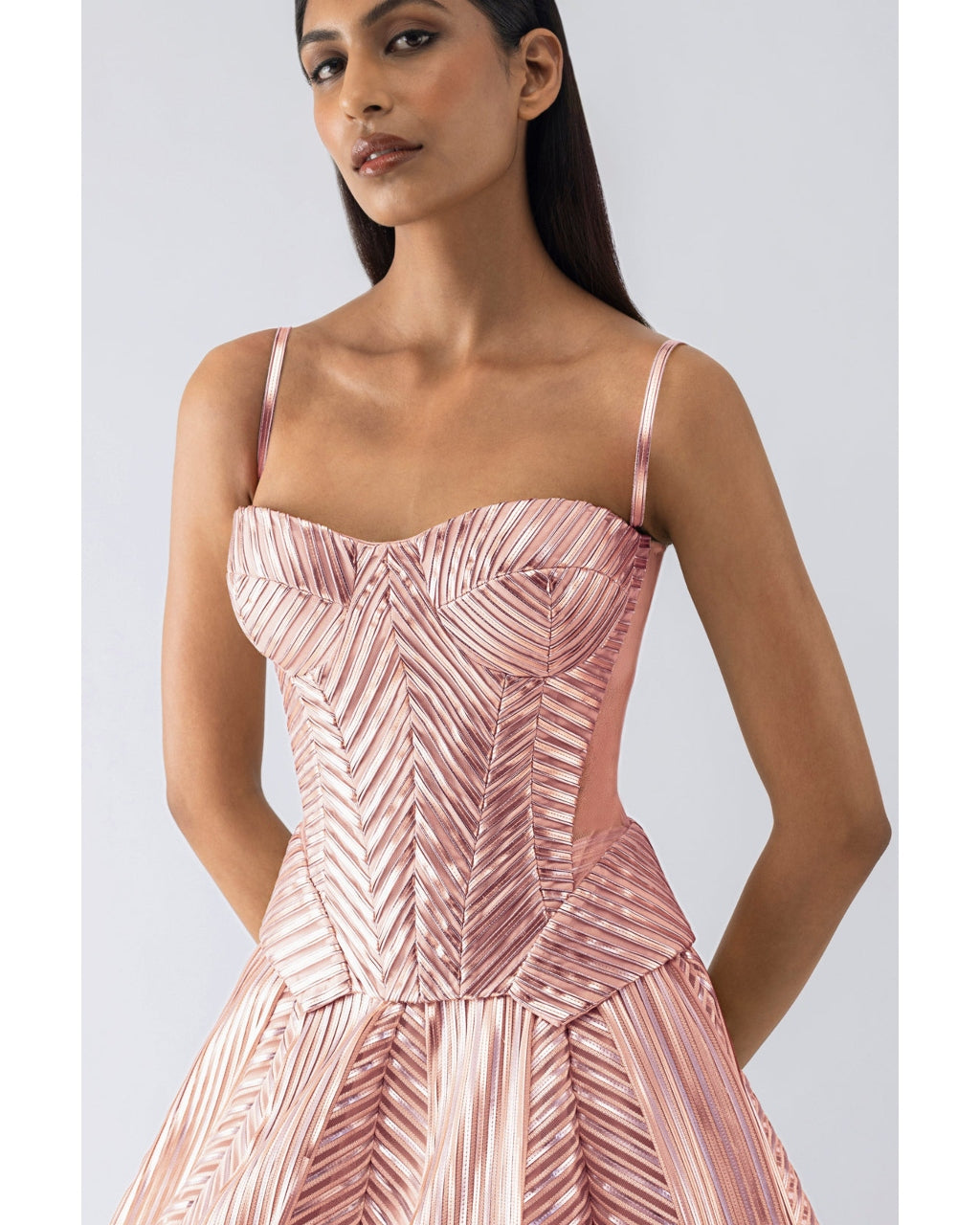Metallic Structured Pink Corset And Skirt