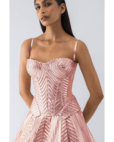 Metallic Structured Pink Corset And Skirt