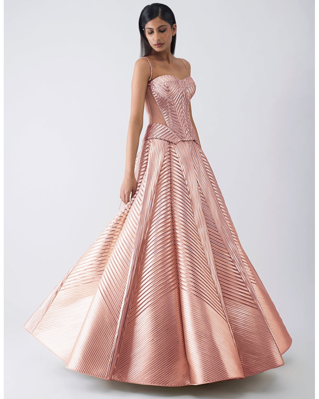 Metallic Structured Pink Corset And Skirt