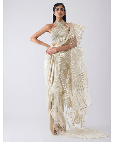Metallic Winged Ruffle Beige Skirt Set