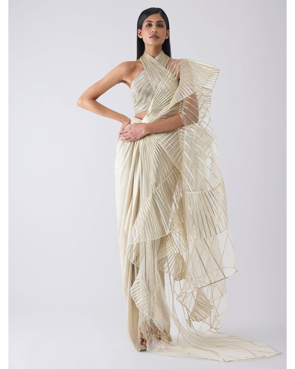 Metallic Winged Ruffle Beige Skirt Set