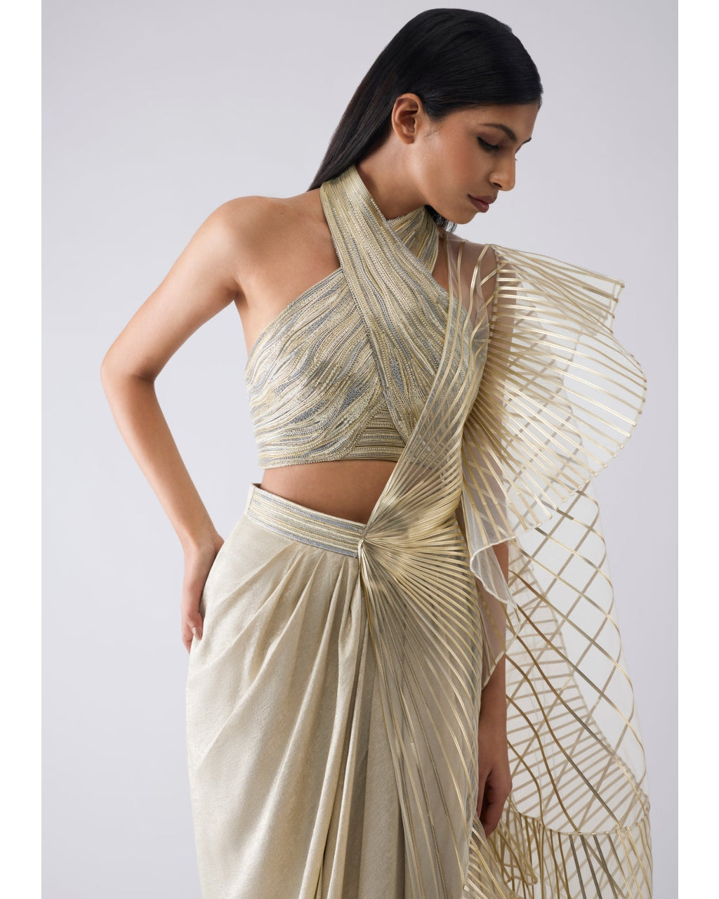 Metallic Winged Ruffle Beige Skirt Set