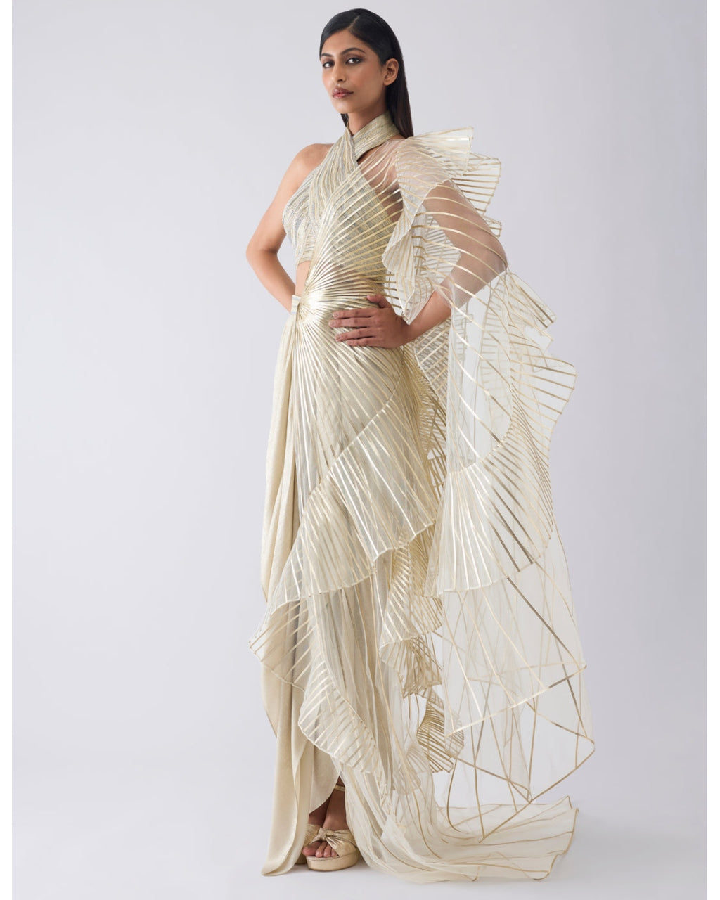 Metallic Winged Ruffle Beige Skirt Set