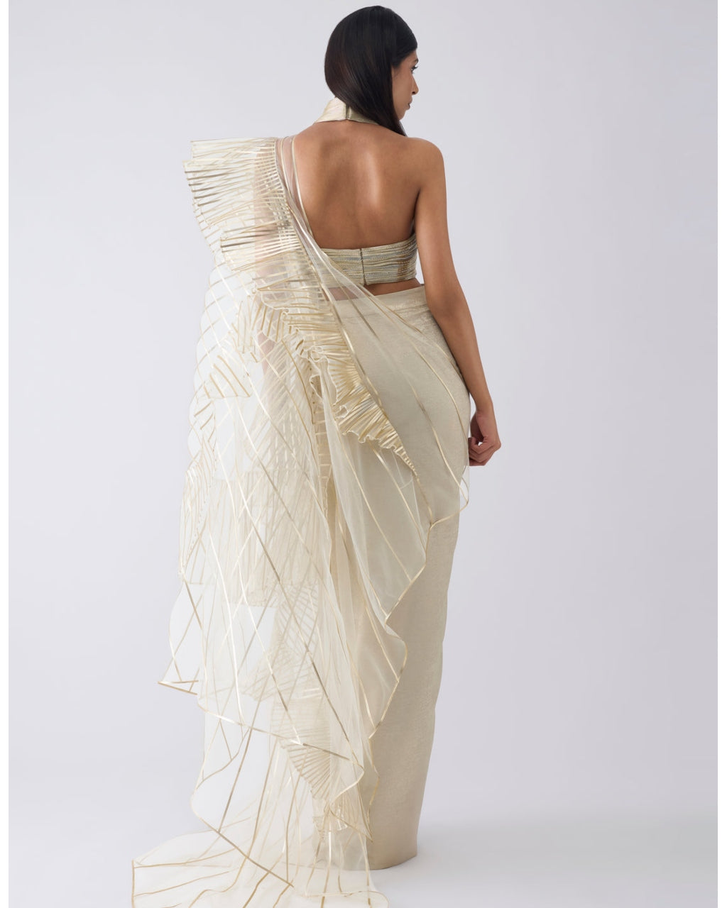 Metallic Winged Ruffle Beige Skirt Set