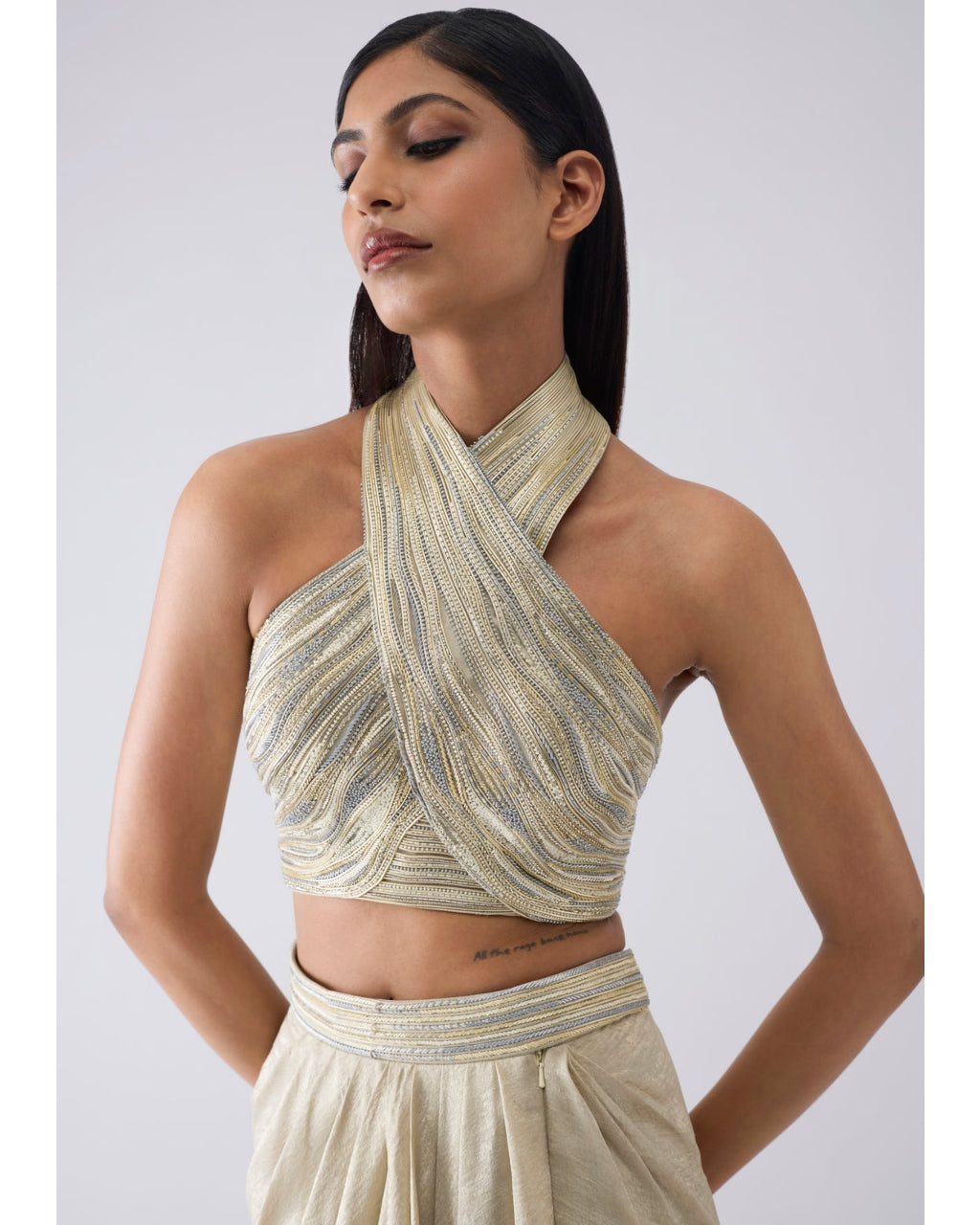 Metallic Winged Ruffle Beige Skirt Set