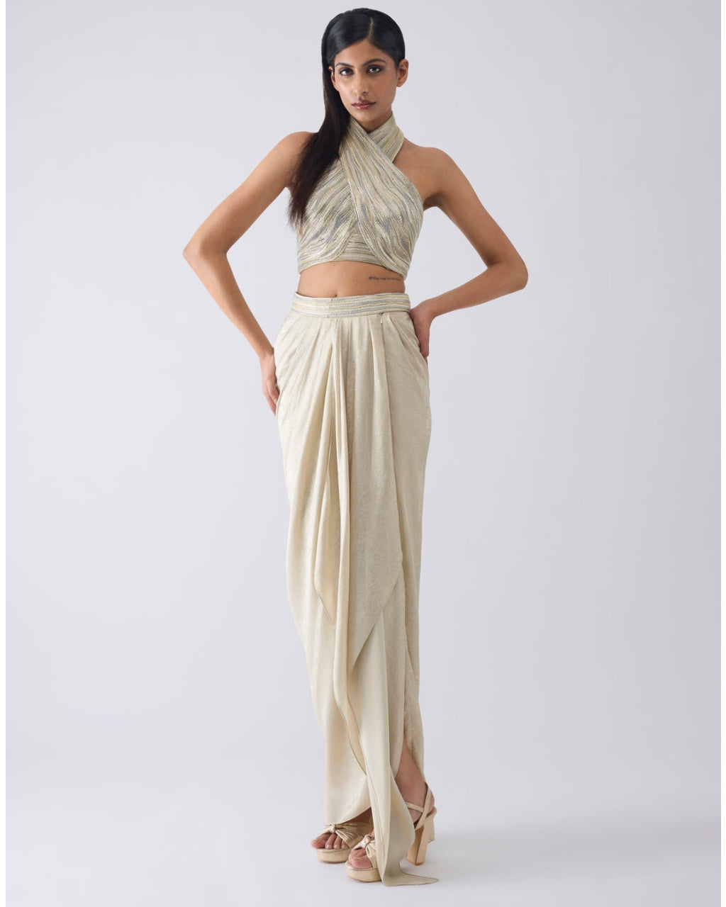 Metallic Winged Ruffle Beige Skirt Set