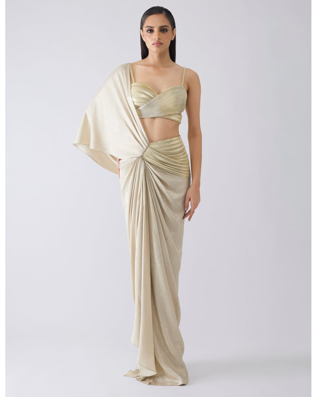Metallic Corded Beige Sari