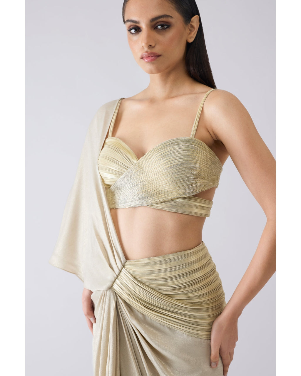 Metallic Corded Beige Sari