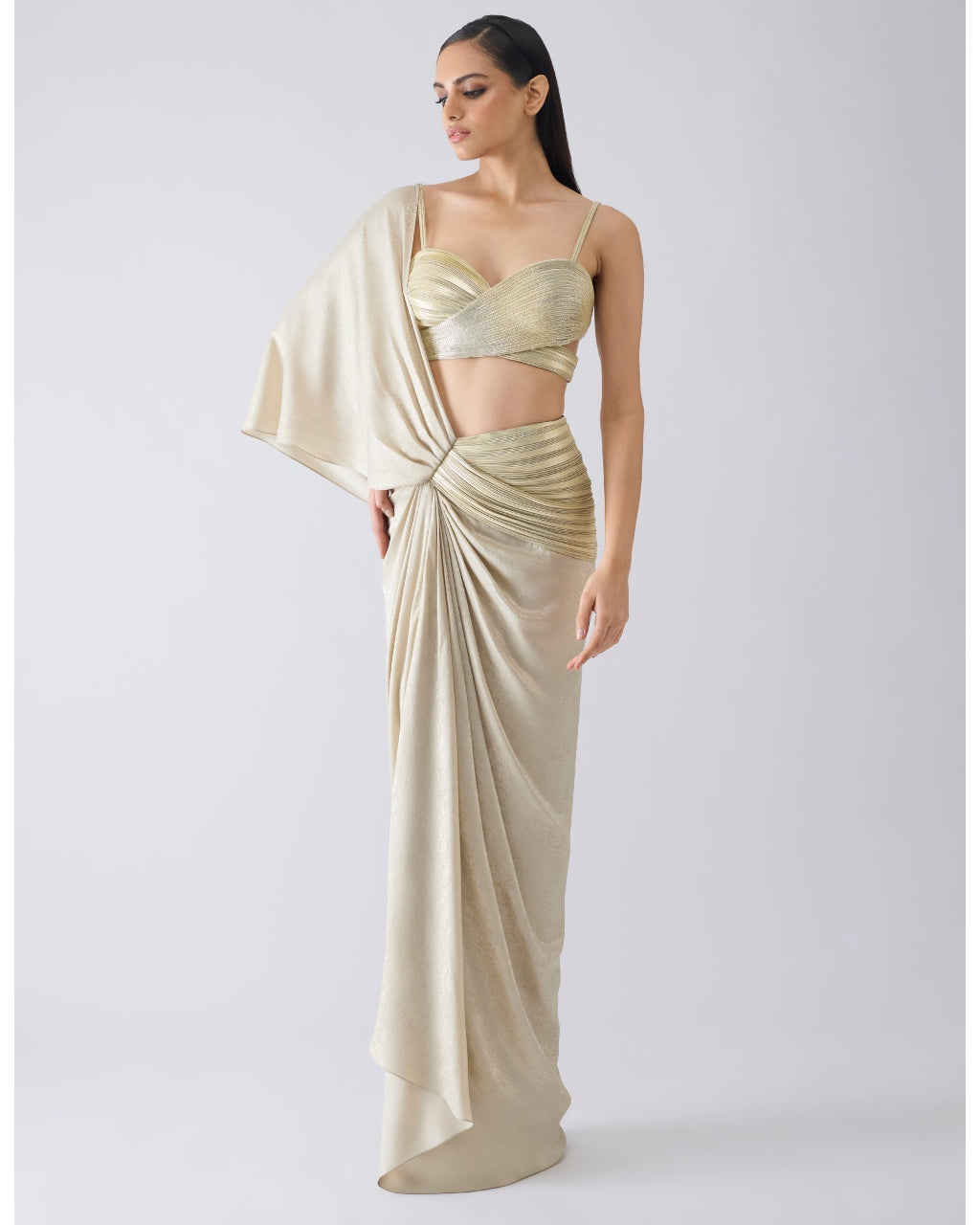 Metallic Corded Beige Sari