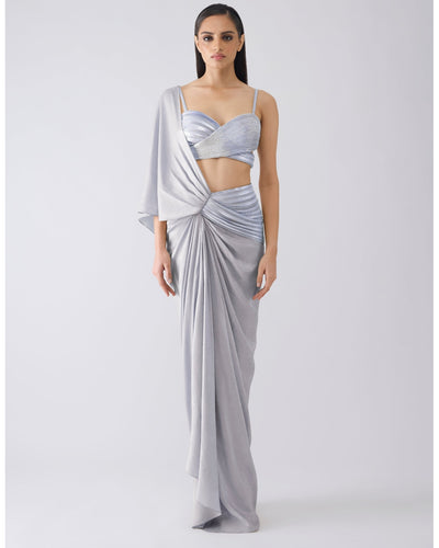 Metallic Corded Blue Sari
