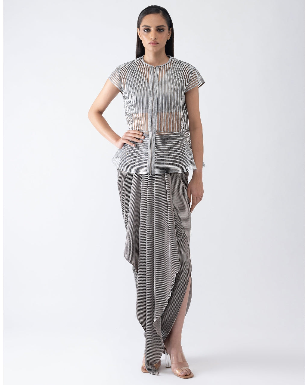 Metallic Corded Gray Cape And Skirt