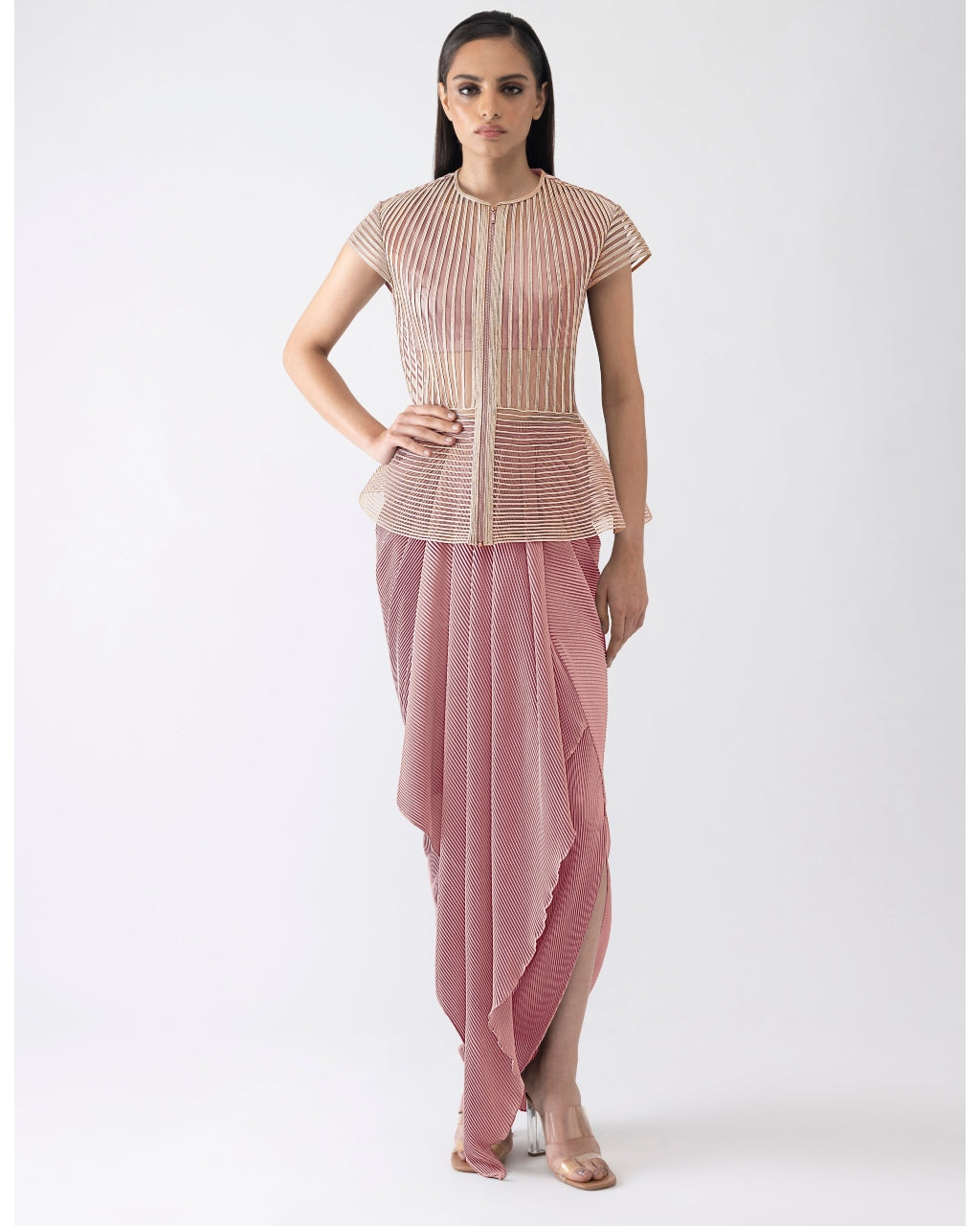 Metallic Corded Pink Cape And Skirt