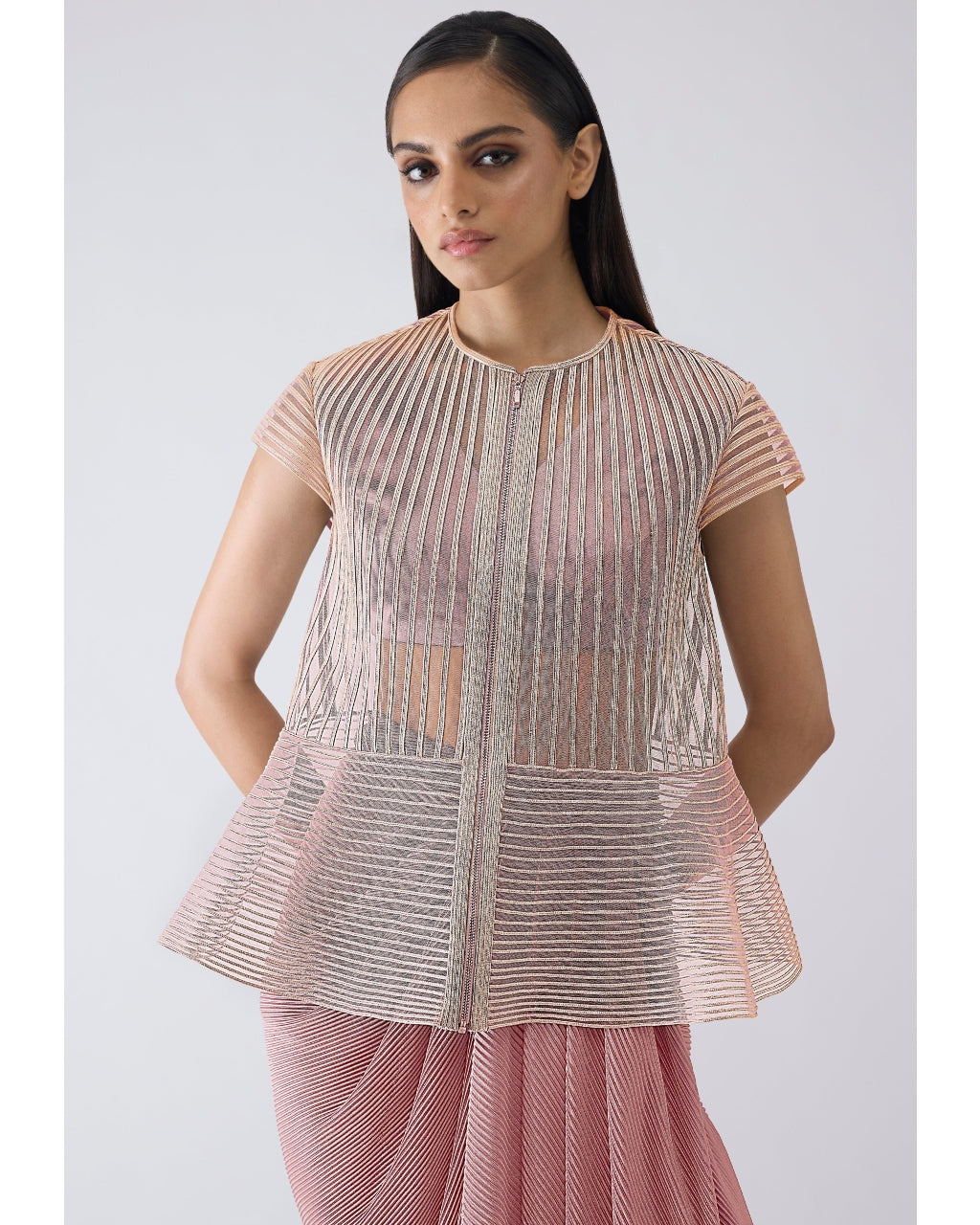 Metallic Corded Pink Cape And Skirt