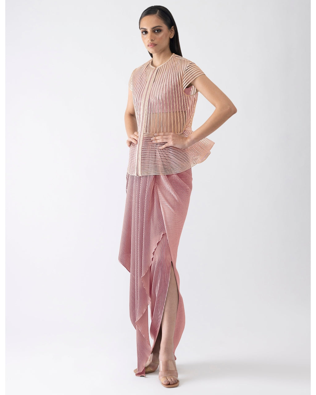 Metallic Corded Pink Cape And Skirt
