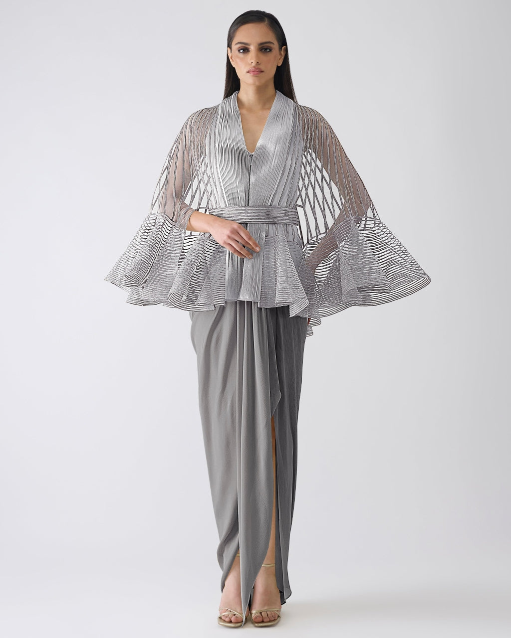 Metallic Corded Ruffle Gray Cape And Dress