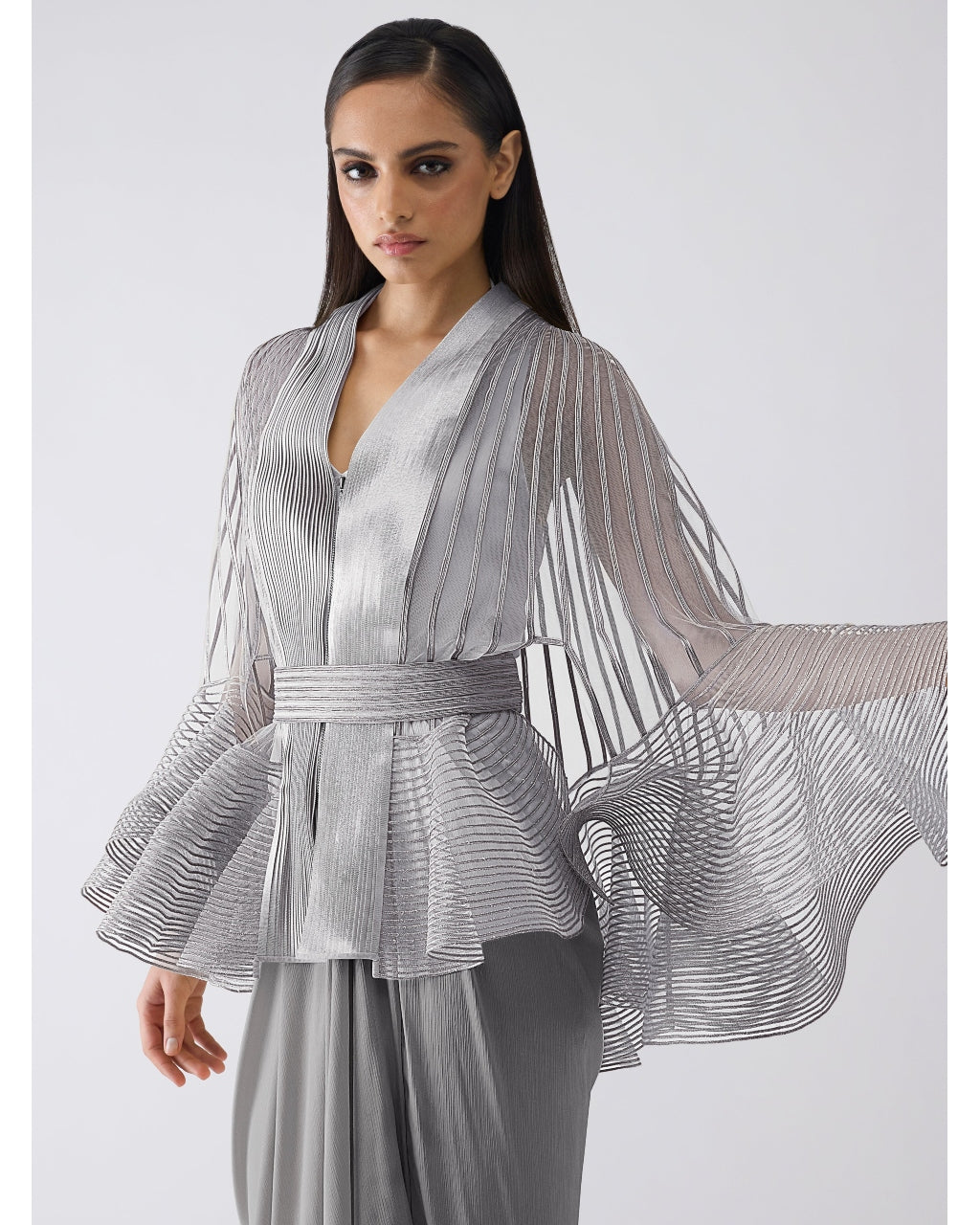 Metallic Corded Ruffle Gray Cape And Dress