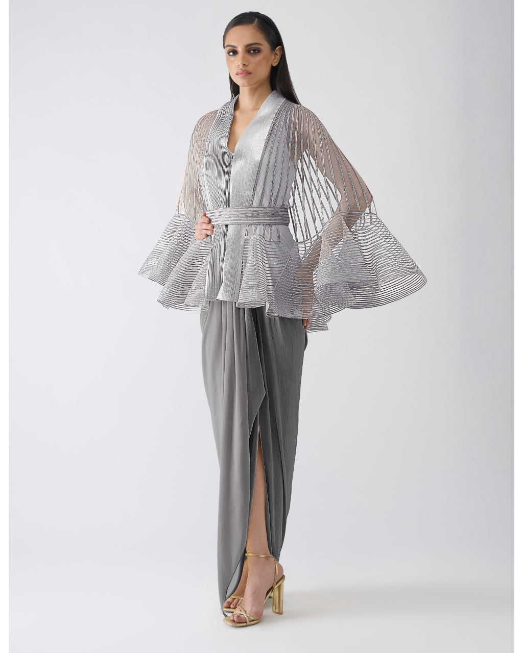 Metallic Corded Ruffle Gray Cape And Dress