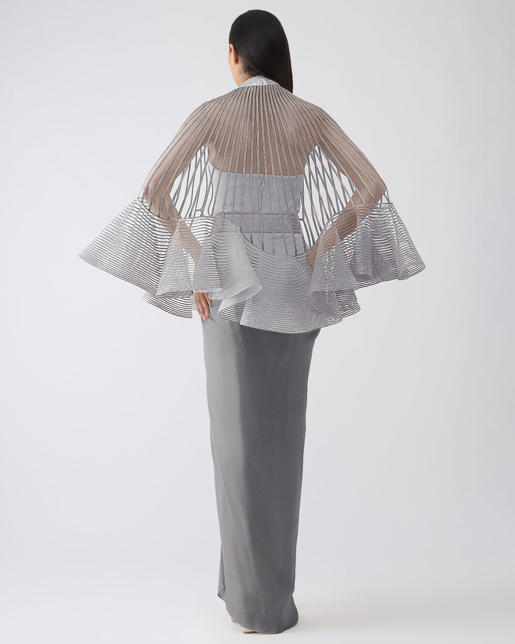 Metallic Corded Ruffle Gray Cape And Dress