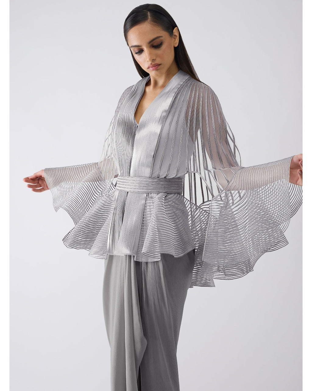 Metallic Corded Ruffle Gray Cape And Dress