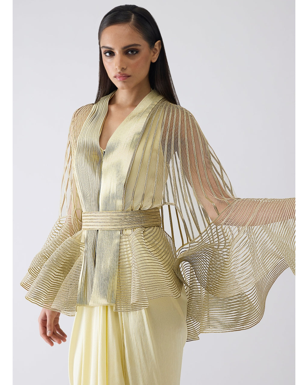 Metallic Corded Ruffle Yellow Cape And Dress