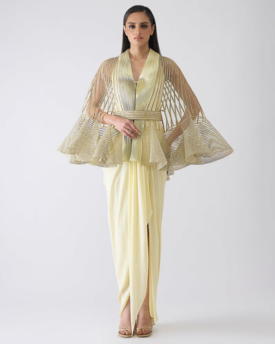 Metallic Corded Ruffle Yellow Cape And Dress