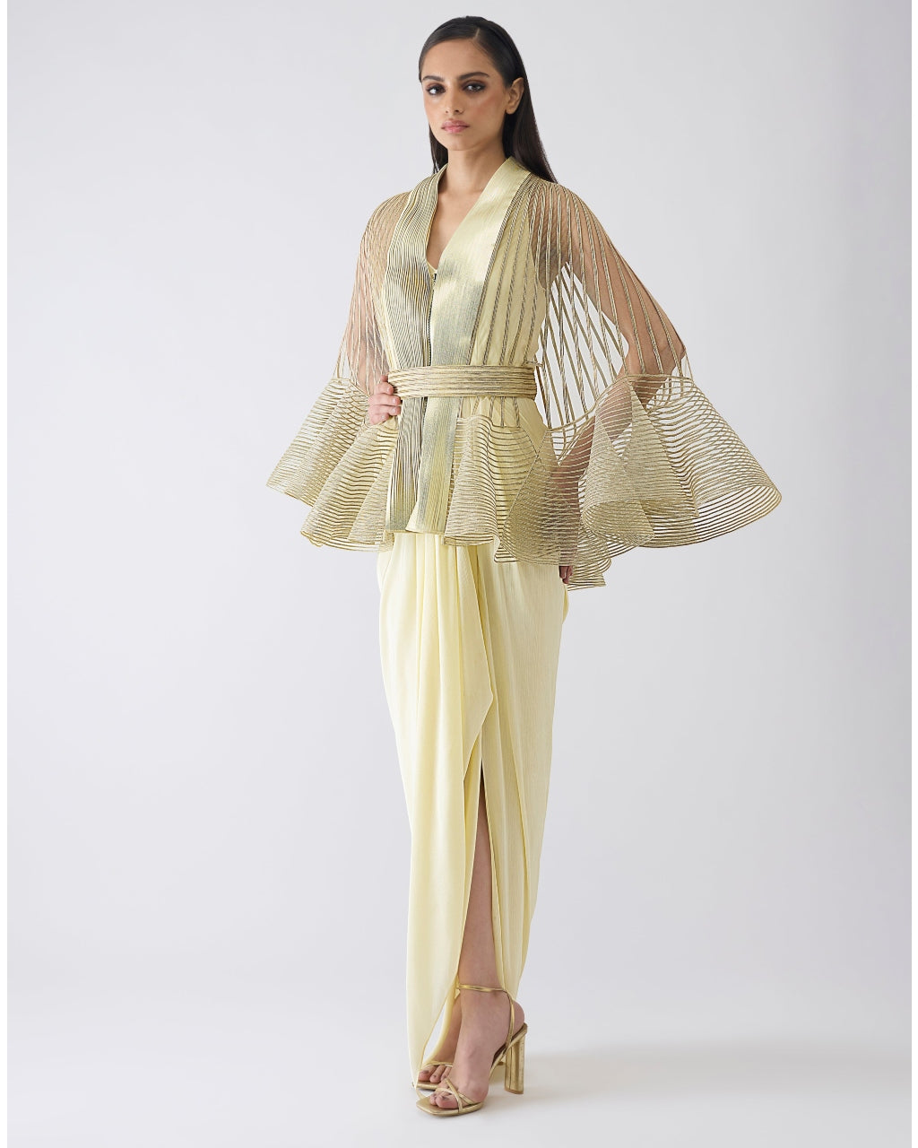Metallic Corded Ruffle Yellow Cape And Dress