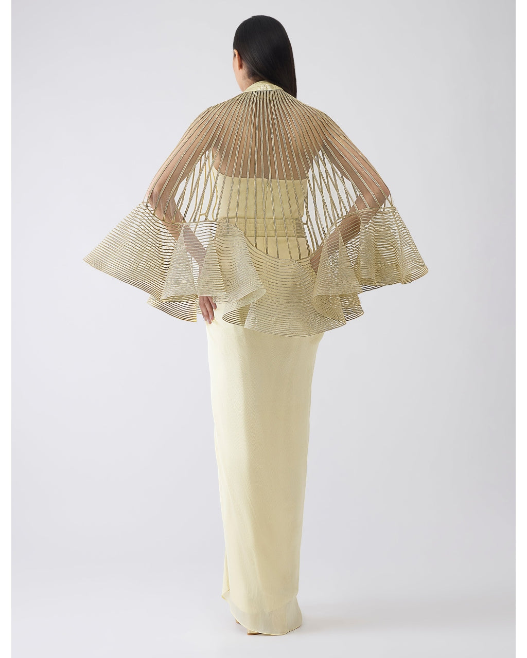 Metallic Corded Ruffle Yellow Cape And Dress