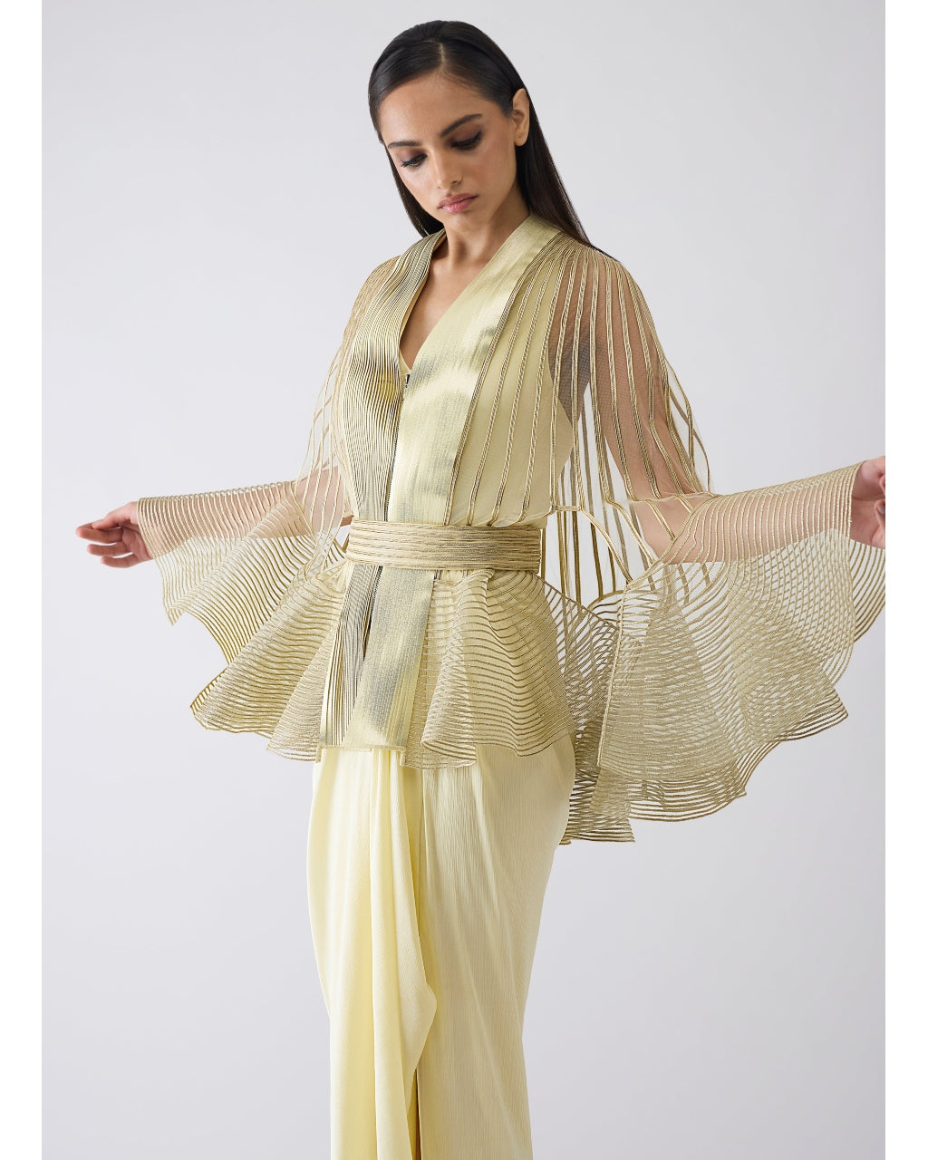 Metallic Corded Ruffle Yellow Cape And Dress