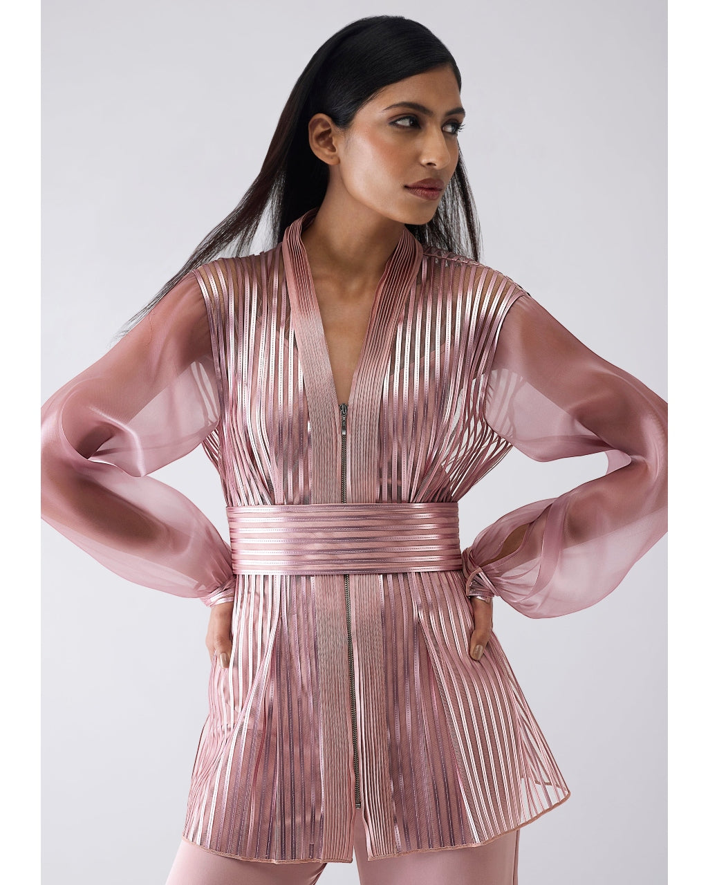Metallic Structured Cape Pink With Pants And Slip