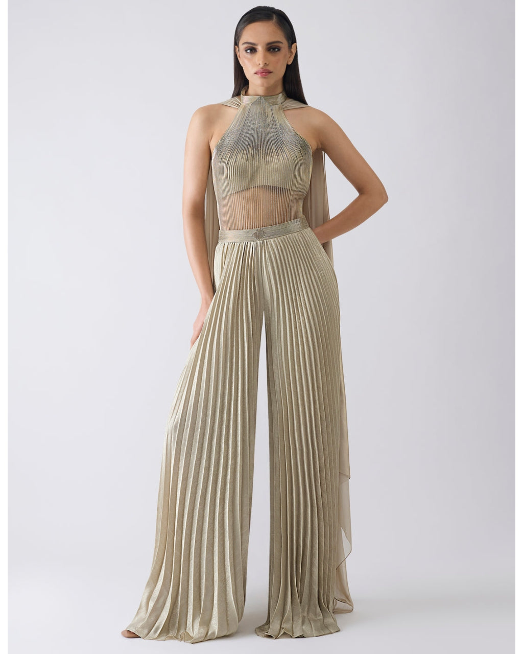 Corded Beige Bodysuit With Pants And Drape