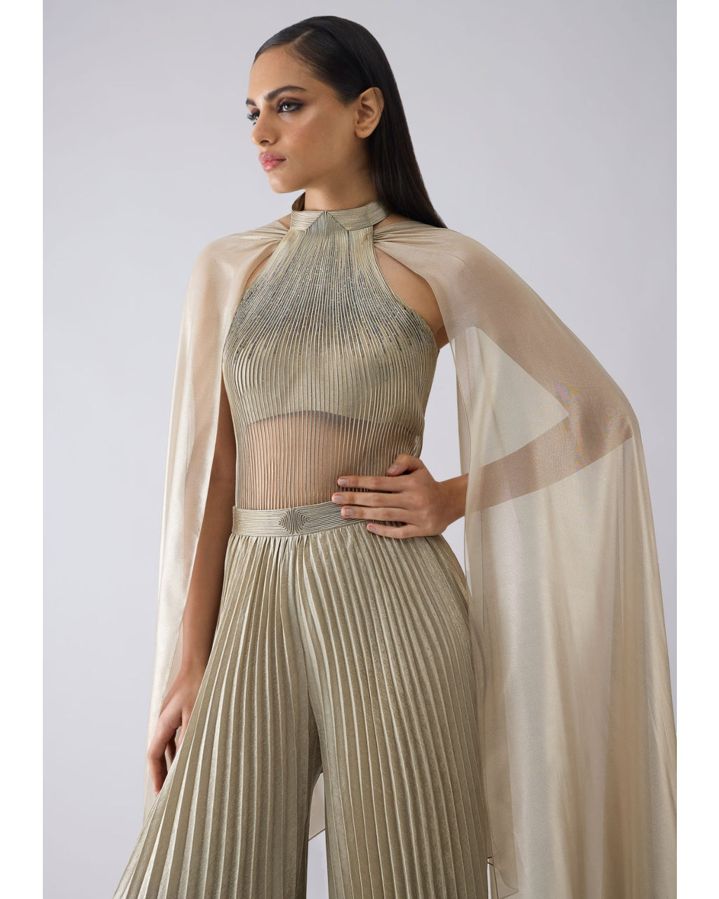 Corded Beige Bodysuit With Pants And Drape